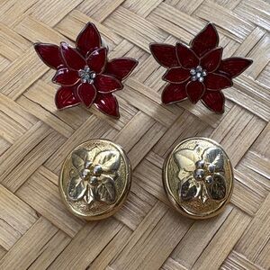 Clip On Elegant Floral Red and Gold Earrings